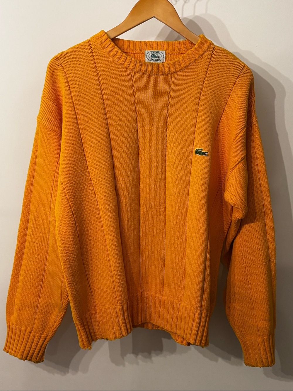 Vintage IZOD Lacoste Mustard Yellow Cotton Knit Sweater L Crocodile Logo
